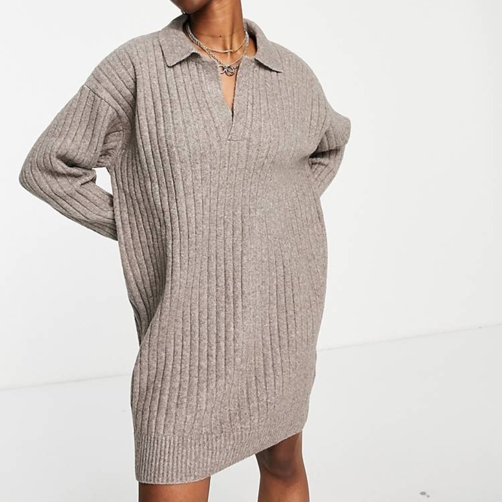 Weekday Husky V Neck Chunky Ribbed Knit Sweater Dress in Oat Brown